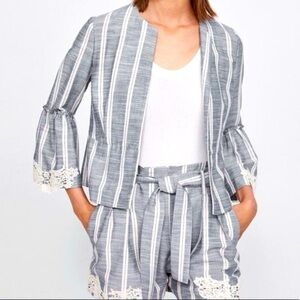 Zara Basic Women’s Striped Open Crop Blazer Striped Bell Sleeve Eyelet Size M
